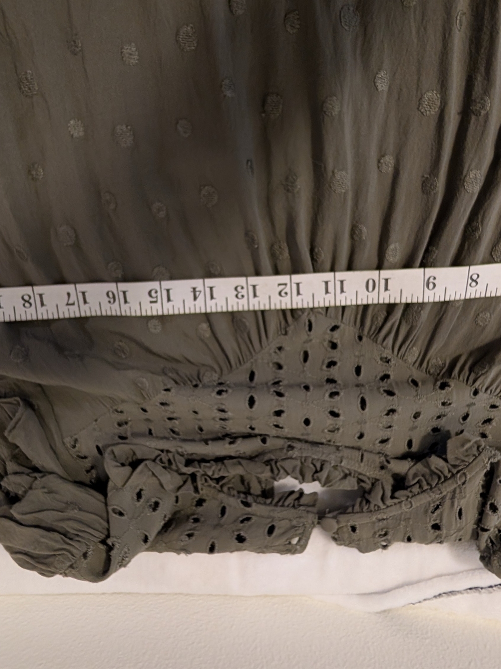💚 Torrid Olive Eyelet Ruffle Cap Sleeve Blouse | Swiss Dot Top - Picture 12 of 13